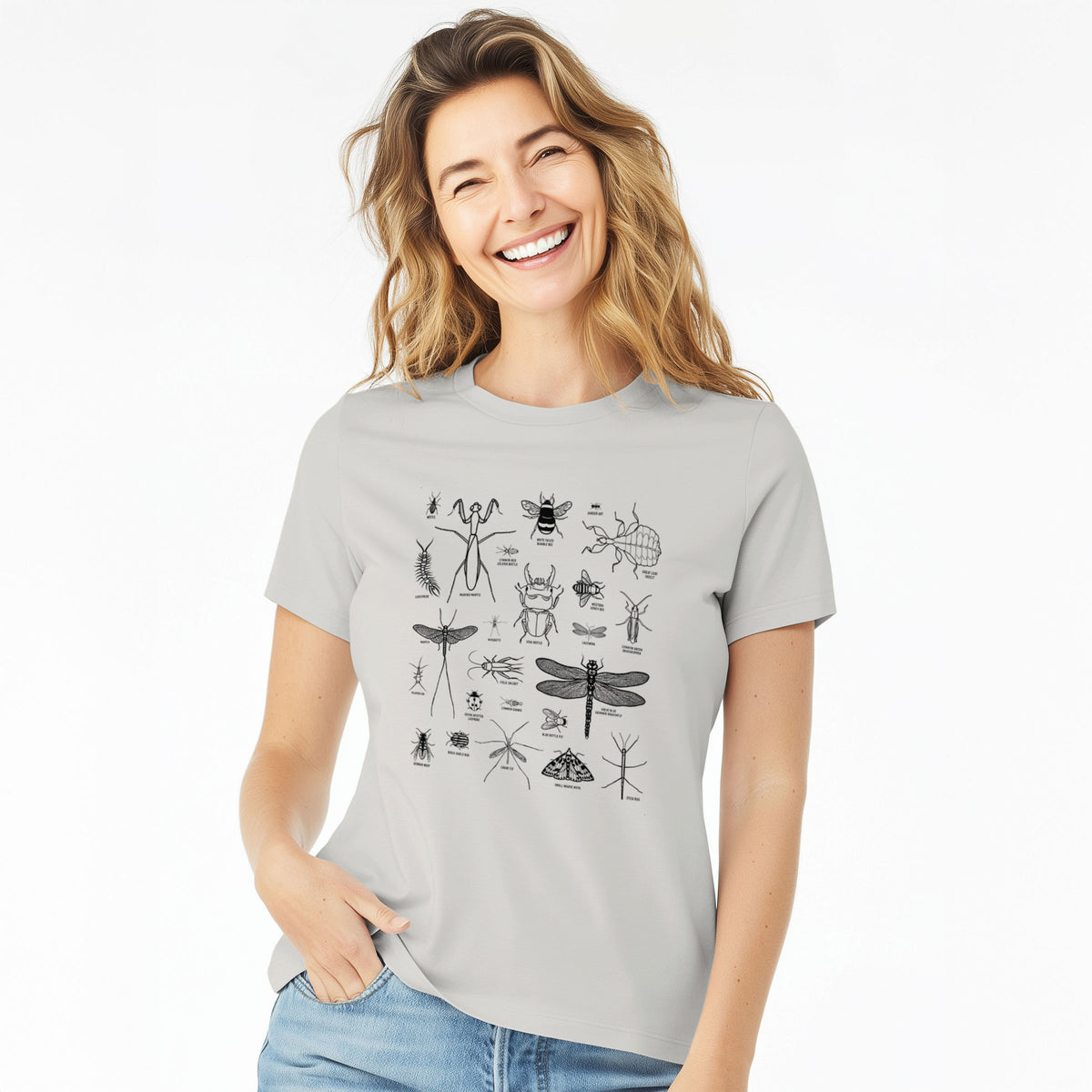Woman wearing a lunar grey women's relaxed fit cotton t-shirt printed with a chart of black ink insect and arthropod illustrations, including dragonflies, beetles, spiders and bees.