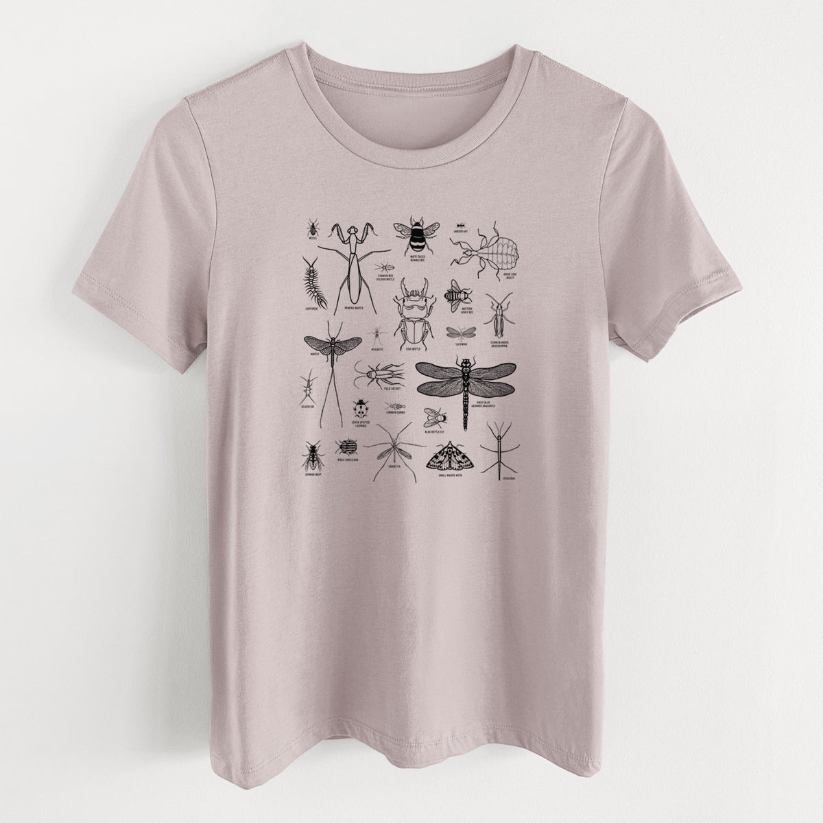 Pink gravel women's relaxed fit cotton t-shirt laid flat, printed with a chart of black ink insect and arthropod illustrations, including dragonflies, beetles, spiders and bees.