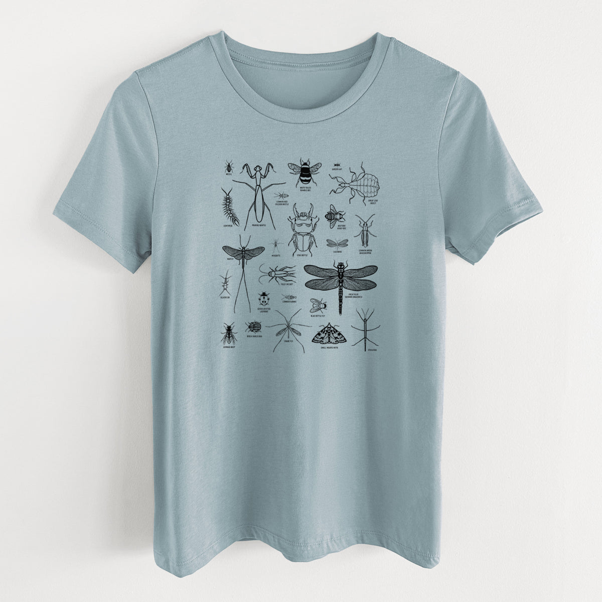 Vintage denim women's relaxed fit cotton t-shirt laid flat, printed with a chart of black ink insect and arthropod illustrations, including dragonflies, beetles, spiders and bees.