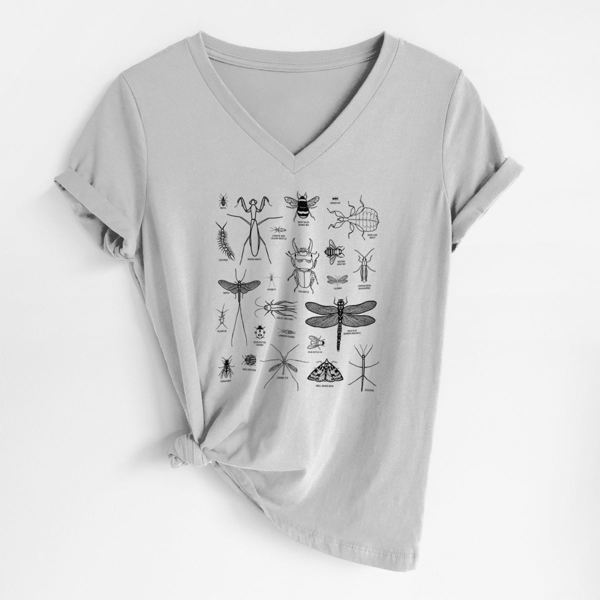 Lunar grey women's relaxed fit cotton V-neck t-shirt laid flat, printed with a chart of black ink insect and arthropod illustrations, including dragonflies, beetles, spiders and bees.