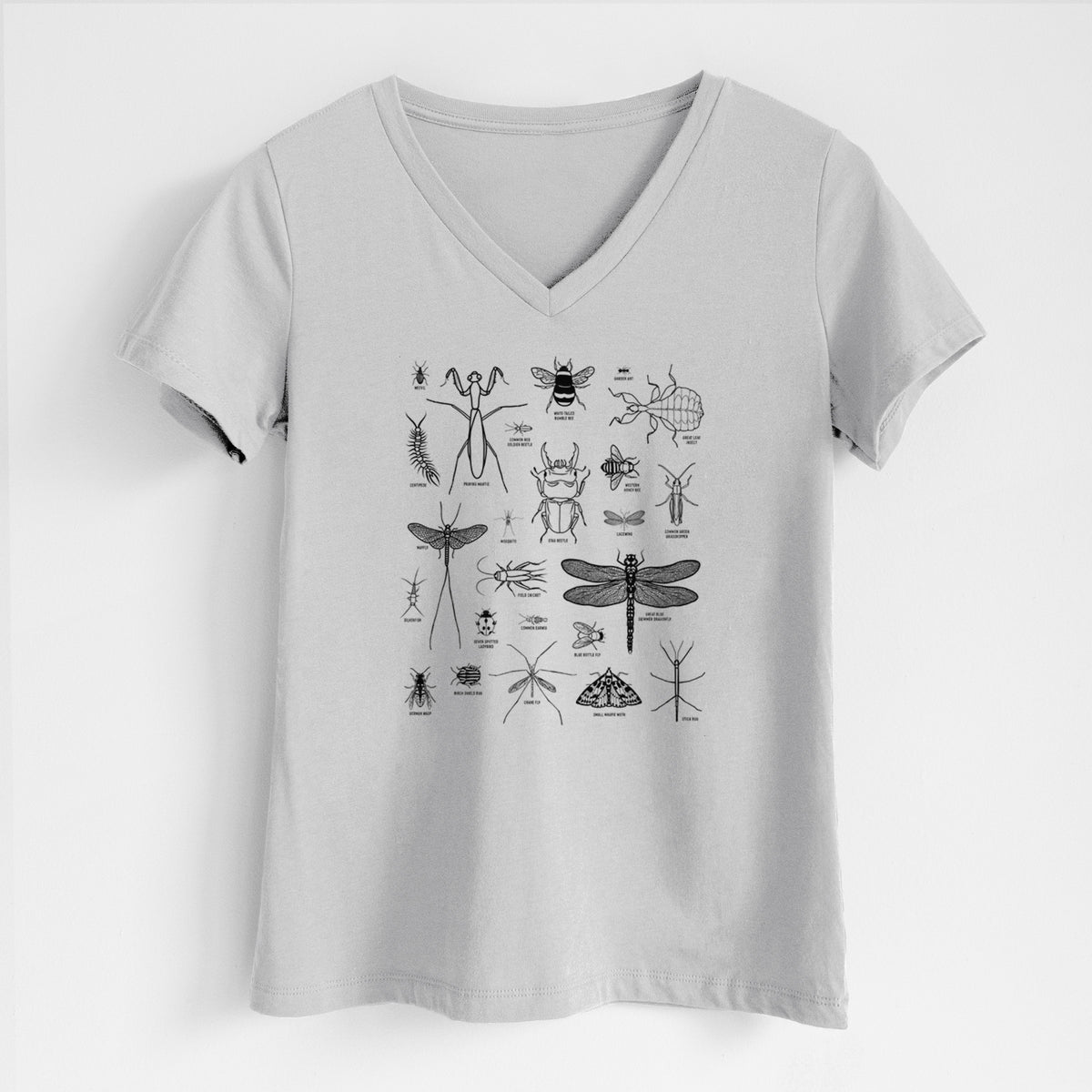 Lunar grey women's relaxed fit cotton V-neck t-shirt laid flat, printed with a chart of black ink insect and arthropod illustrations, including dragonflies, beetles, spiders and bees.