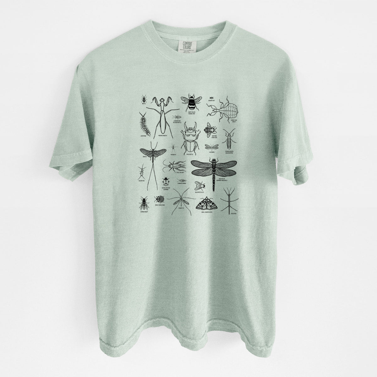 Bay green Comfort Colors t-shirt laid flat, printed with a chart of black ink insect and arthropod illustrations, including dragonflies, beetles, spiders and bees.