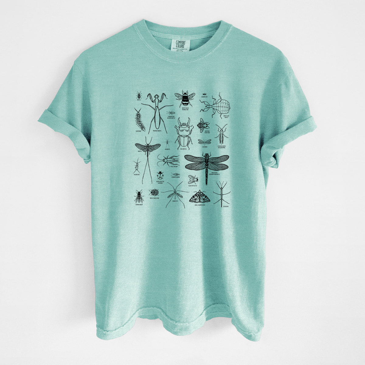 Chalky mint Comfort Colors t-shirt laid flat, printed with a chart of black ink insect and arthropod illustrations, including dragonflies, beetles, spiders and bees.