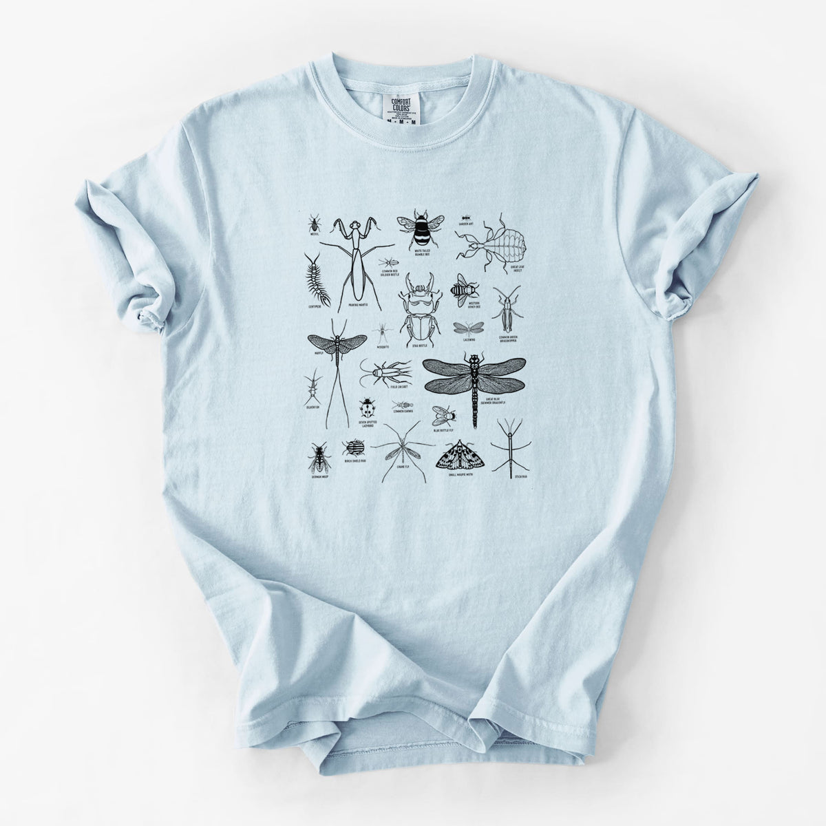 Chambray blue Comfort Colors t-shirt laid flat, printed with a chart of black ink insect and arthropod illustrations, including dragonflies, beetles, spiders and bees.