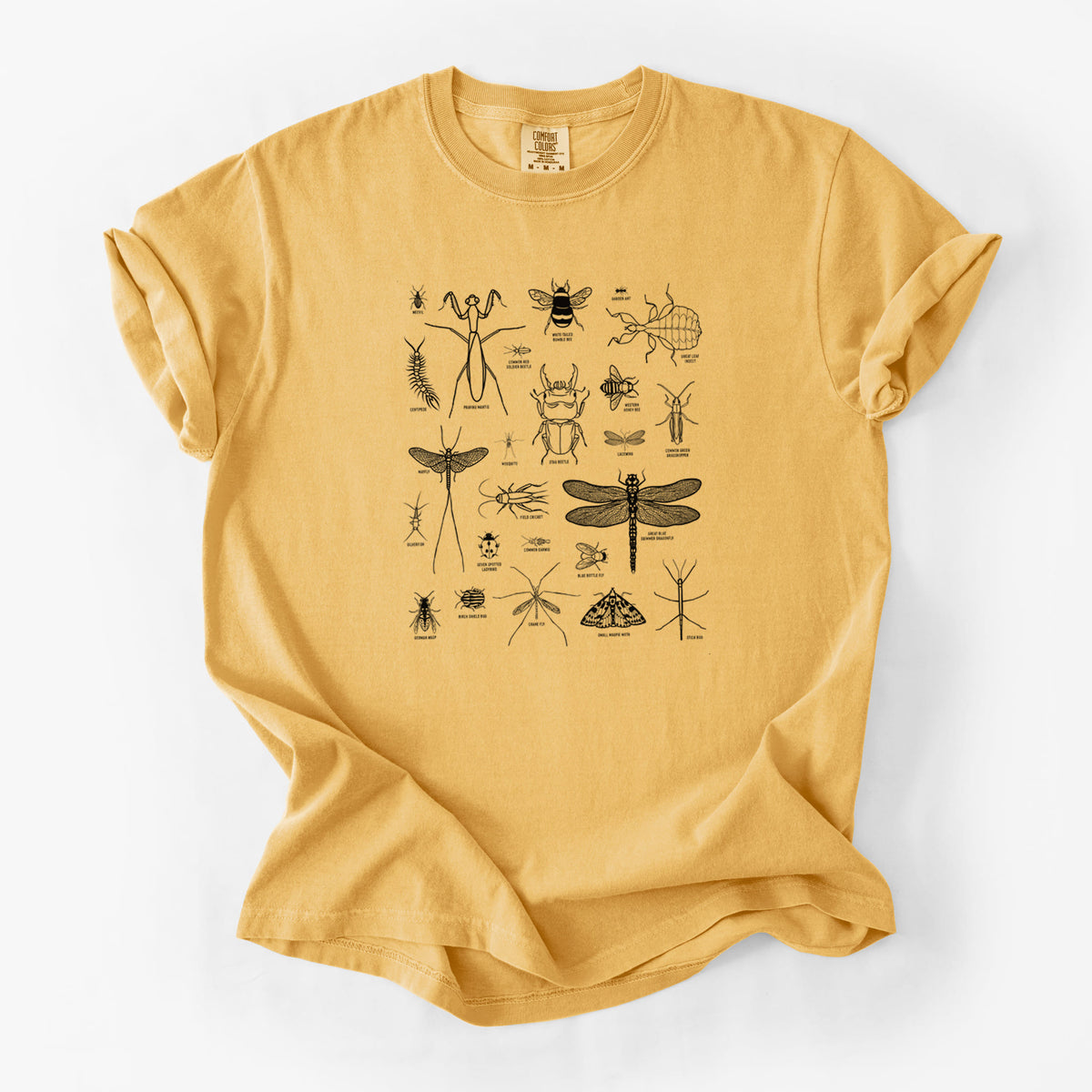 Golden wheat yellow Comfort Colors t-shirt laid flat, printed with a chart of black ink insect and arthropod illustrations, including dragonflies, beetles, spiders and bees.