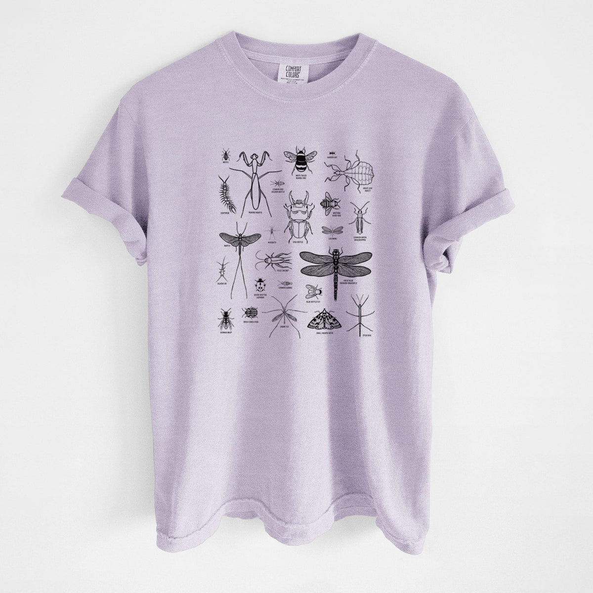 Orchid purple Comfort Colors t-shirt laid flat, printed with a chart of black ink insect and arthropod illustrations, including dragonflies, beetles, spiders and bees.