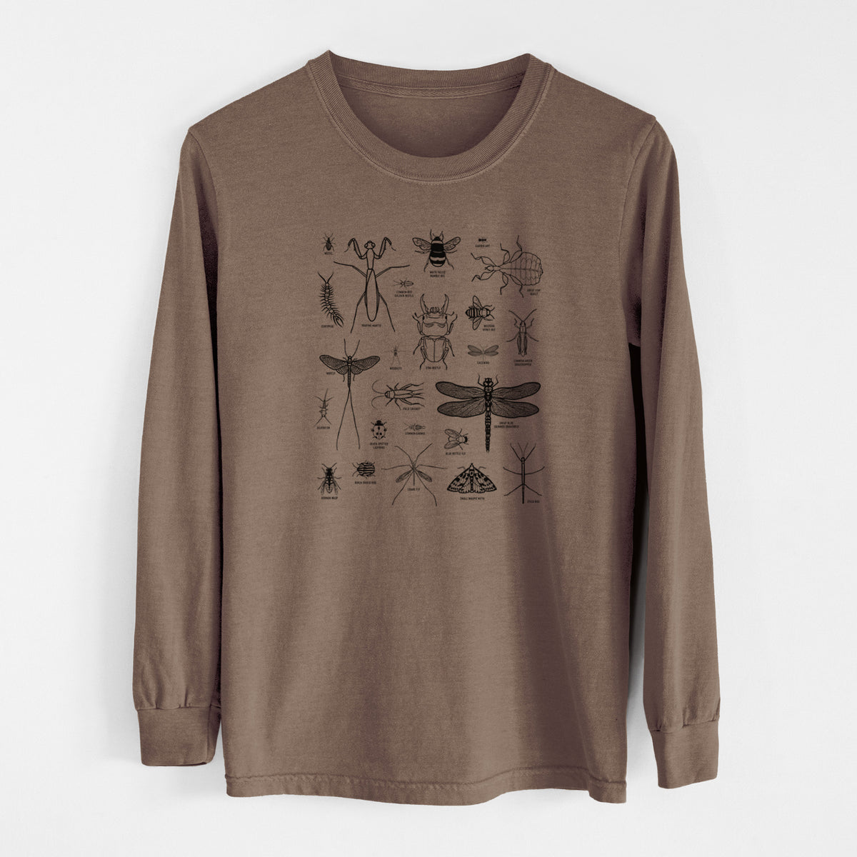 Espresso brown Comfort Colors long sleeve shirt laid flat, printed with a chart of black ink insect and arthropod illustrations, including dragonflies, beetles, spiders and bees.