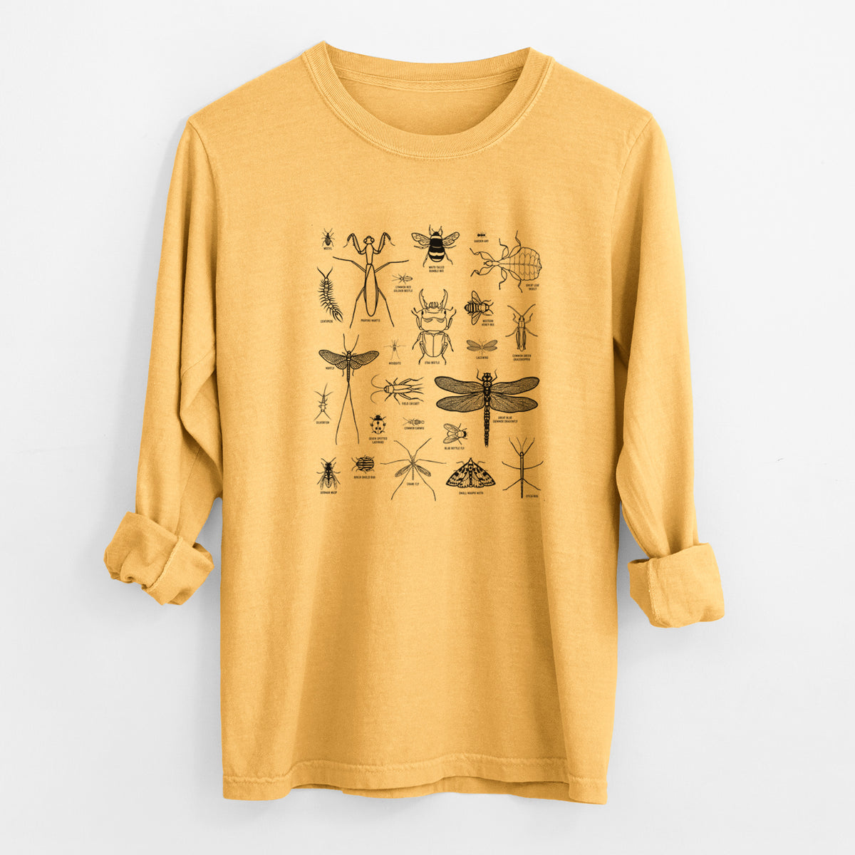 Golden wheat yellow Comfort Colors long sleeve shirt laid flat with the cuffs rolled, printed with a chart of black ink insect and arthropod illustrations, including dragonflies, beetles, spiders and bees.