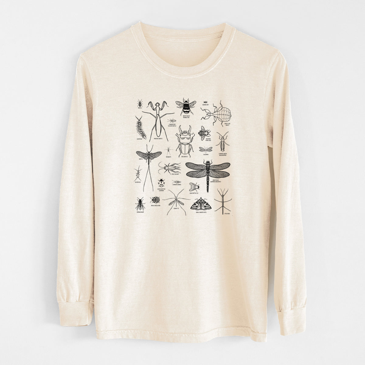 Ivory Comfort Colors long sleeve shirt laid flat, printed with a chart of black ink insect and arthropod illustrations, including dragonflies, beetles, spiders and bees.