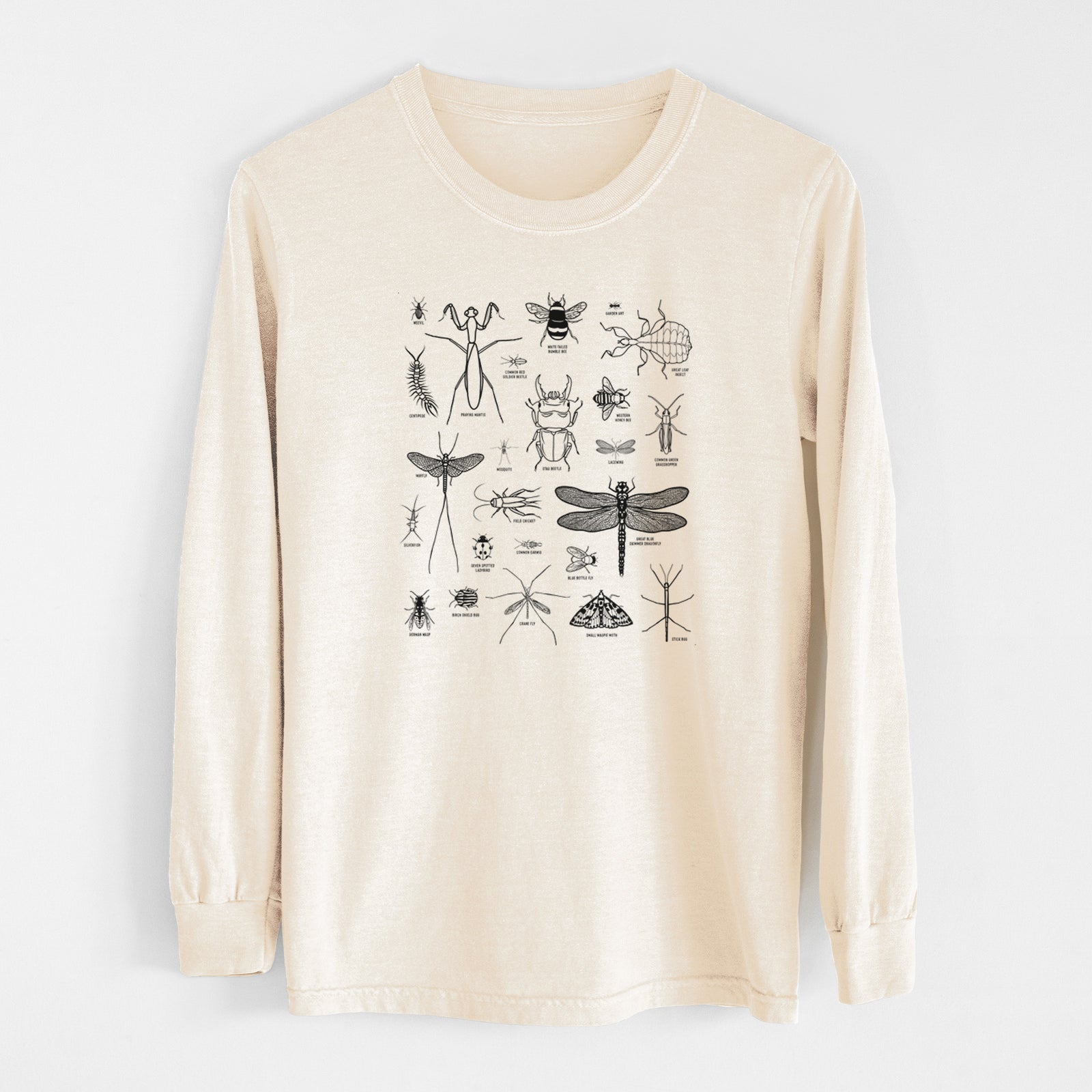 Ivory Comfort Colors long sleeve shirt laid flat, printed with a chart of black ink insect and arthropod illustrations, including dragonflies, beetles, spiders and bees.