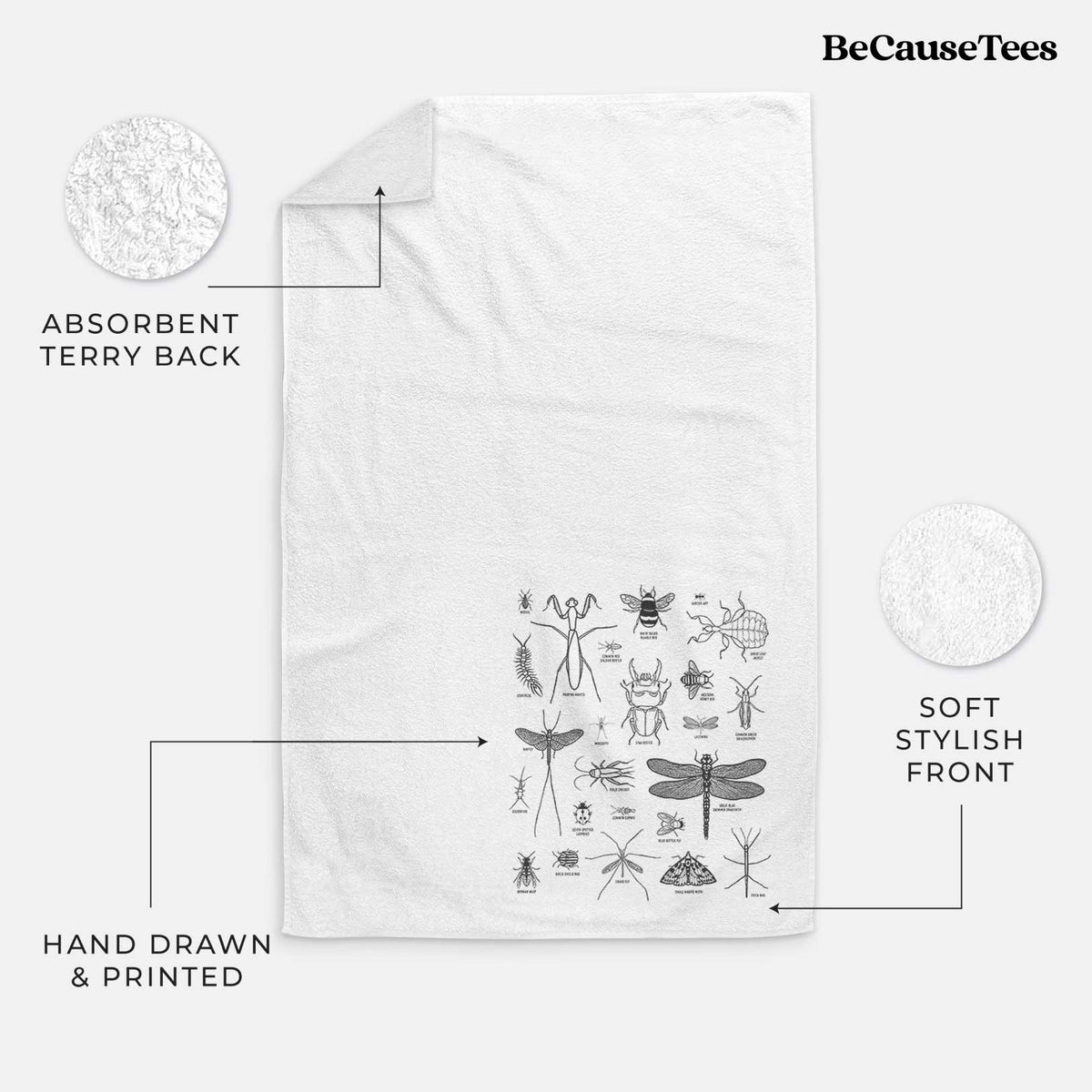 White hand towel printed with a chart of black ink insect and arthropod illustrations, including dragonflies, beetles, spiders and bees.