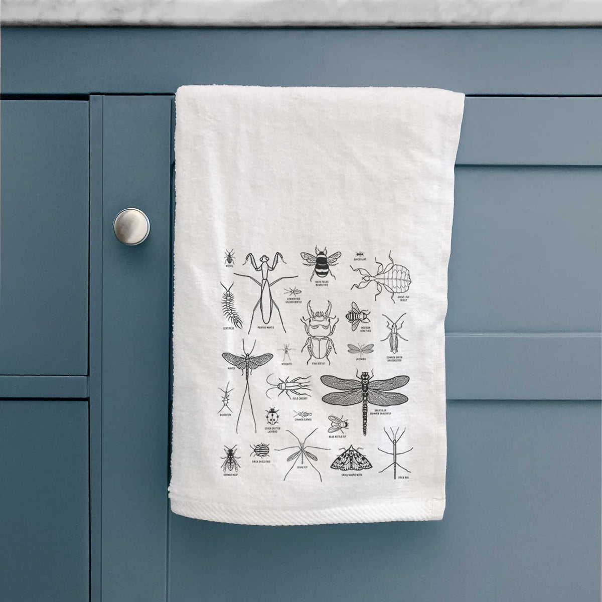 White hand towel printed with a chart of black ink insect and arthropod illustrations, including dragonflies, beetles, spiders and bees, hanging on a cabinet door.