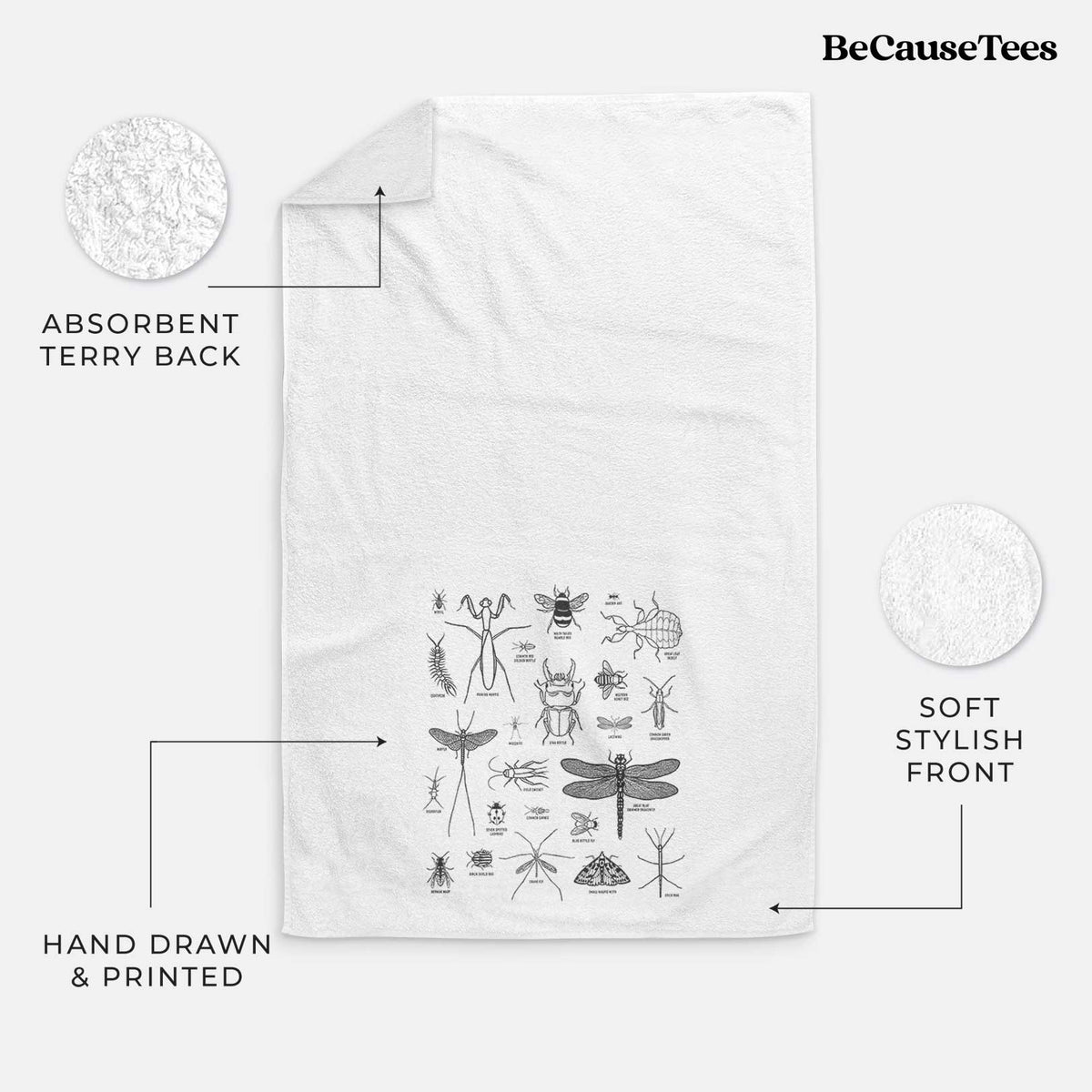 White hand towel printed with a chart of black ink insect and arthropod illustrations, including dragonflies, beetles, spiders and bees.
