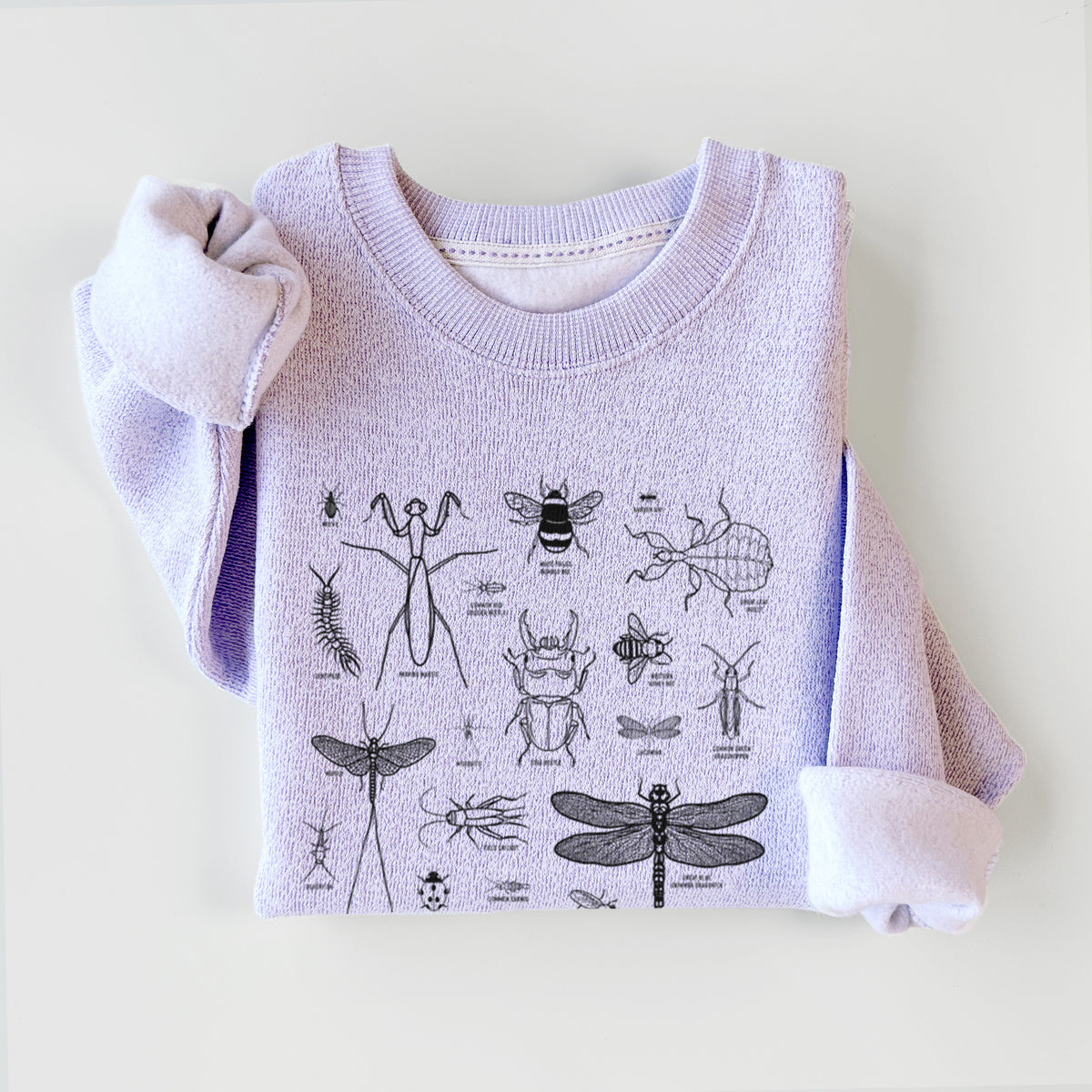 Ice purple knit sweatshirt printed with a chart of black ink insect and arthropod illustrations, including dragonflies, beetles, spiders and bees, styled flat.