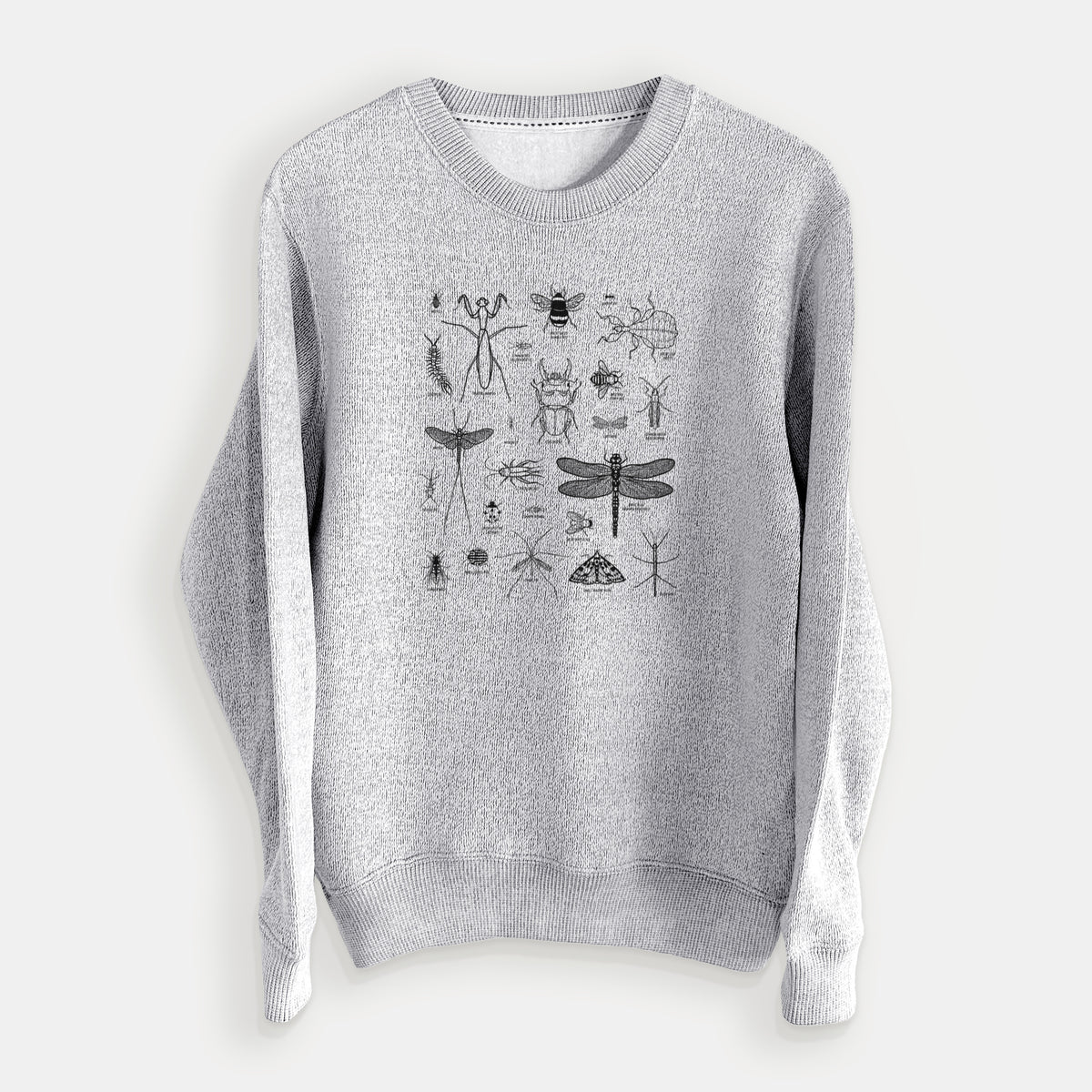 Salt and pepper knit sweatshirt laid flat, printed with a chart of black ink insect and arthropod illustrations, including dragonflies, beetles, spiders and bees.