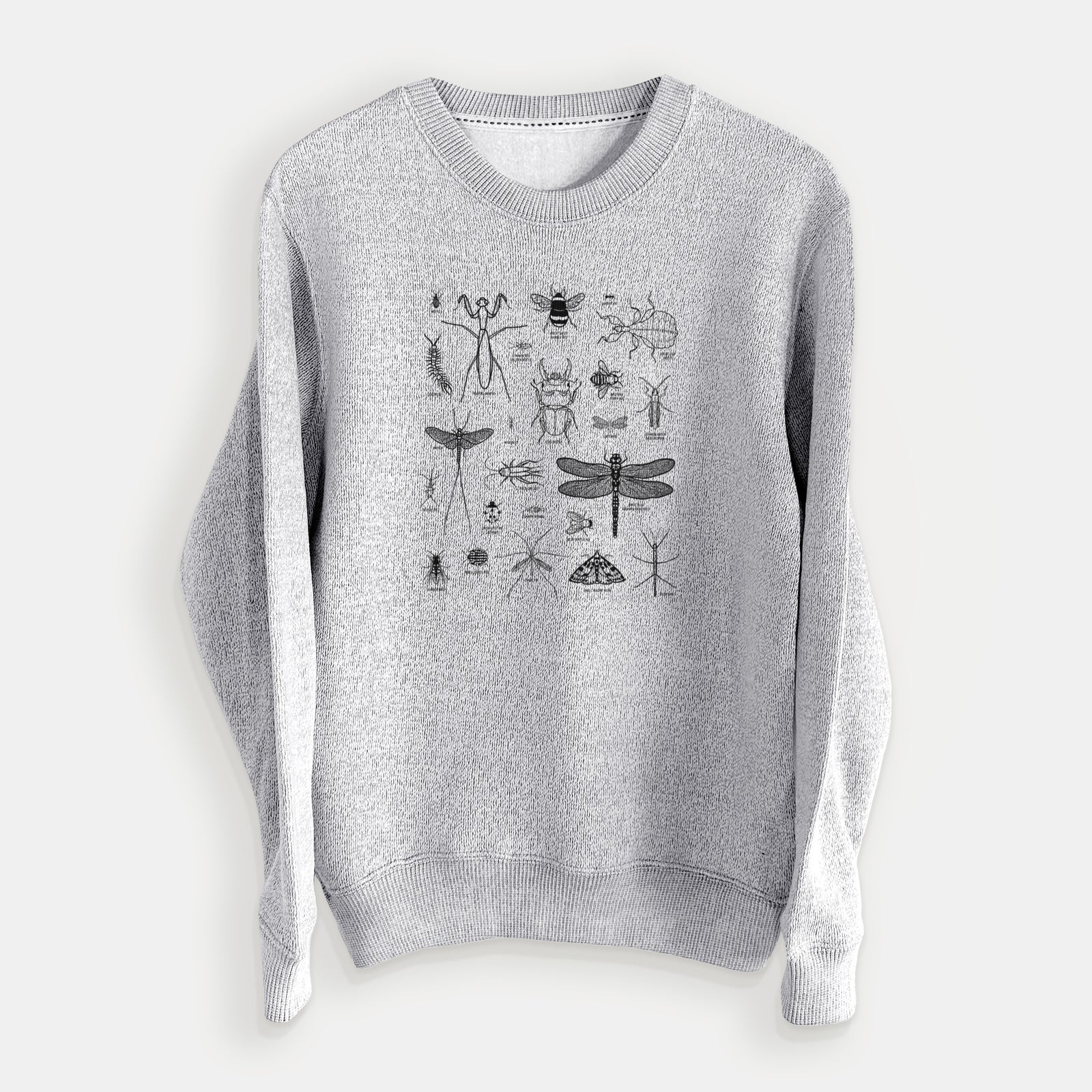 Salt and pepper knit sweatshirt laid flat, printed with a chart of black ink insect and arthropod illustrations, including dragonflies, beetles, spiders and bees.