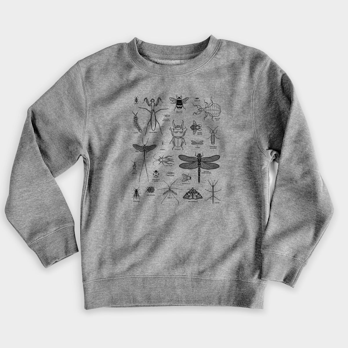 Nickel grey youth crewneck sweatshirt laid flat, printed with a chart of black ink insect and arthropod illustrations, including dragonflies, beetles, spiders and bees.