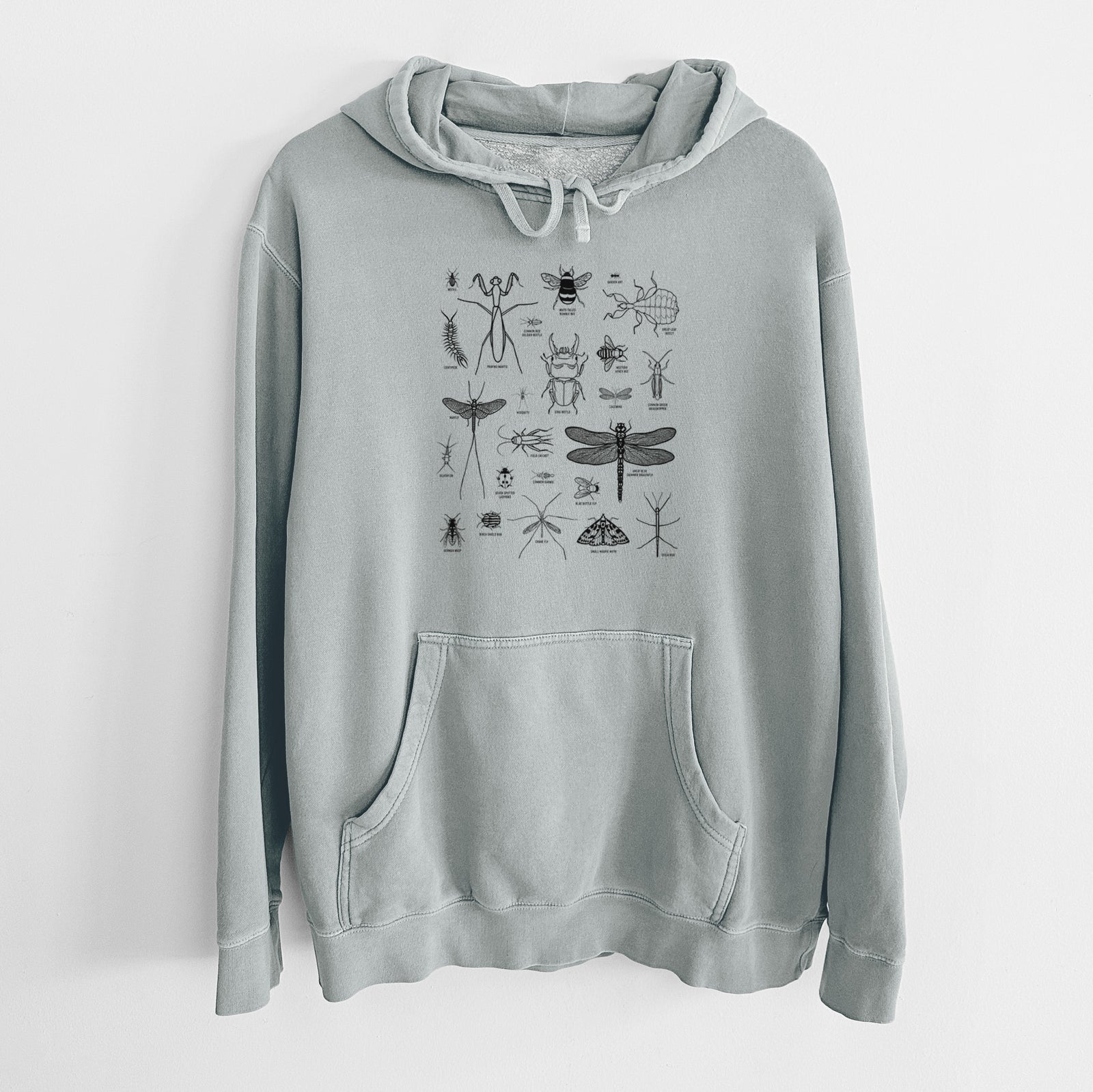 Sage green pigment dyed hoodie laid flat, printed with a chart of black ink insect and arthropod illustrations, including dragonflies, beetles, spiders and bees.