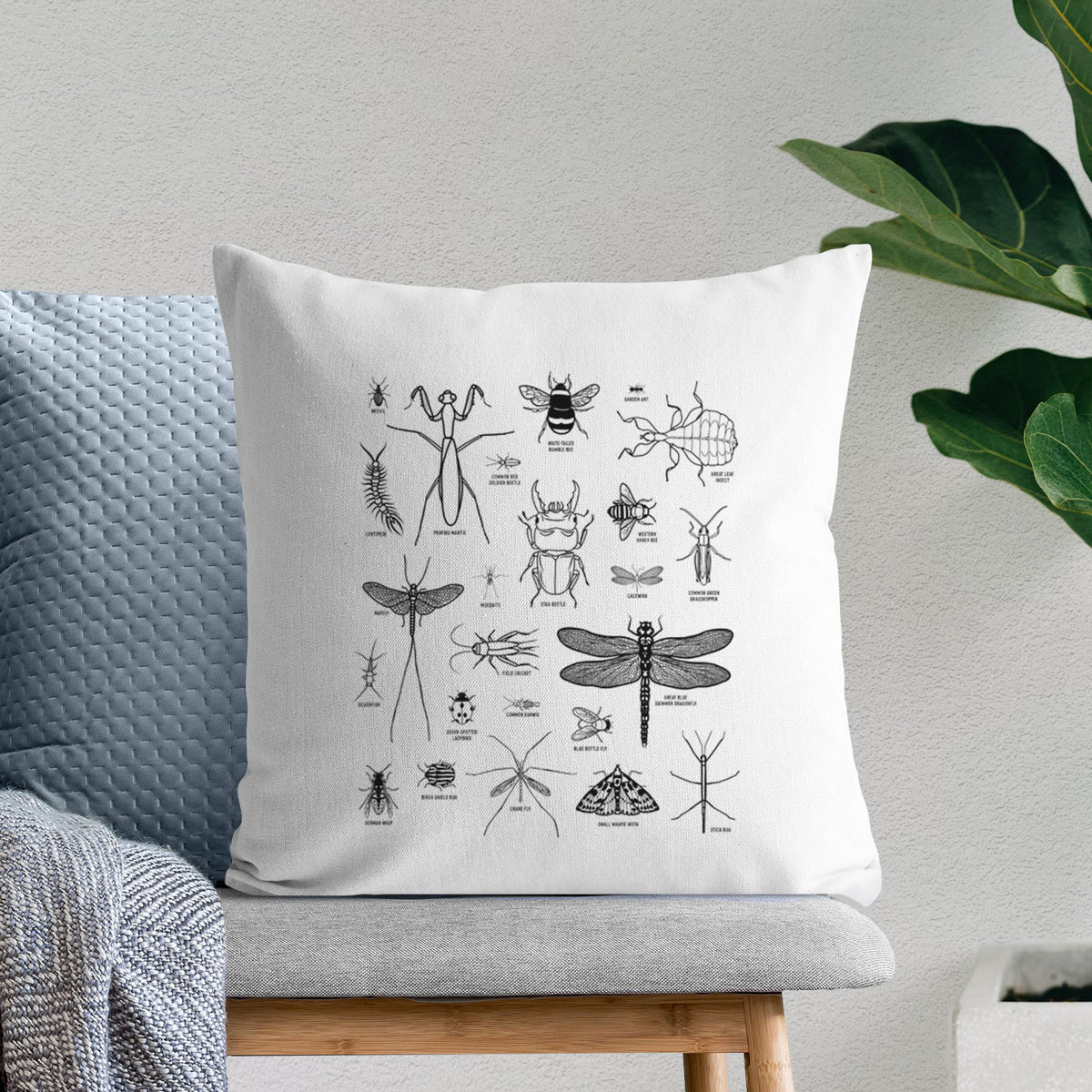White pillow cover printed with a chart of black ink insect and arthropod illustrations, including dragonflies, beetles, spiders and bees, on a bench beside plants.