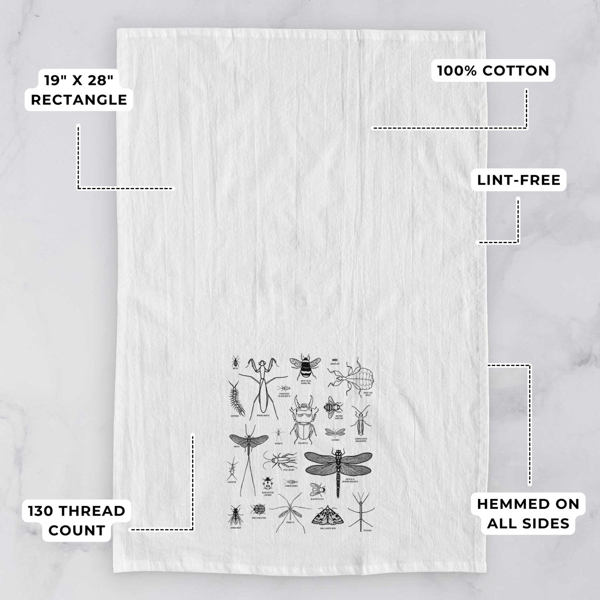 White tea towel printed with a chart of black ink insect and arthropod illustrations, including dragonflies, beetles, spiders and bees, with feature labels: 19 by 28 inch rectangle, 100% cotton, lint-free, 130 thread count, hemmed on all sides.