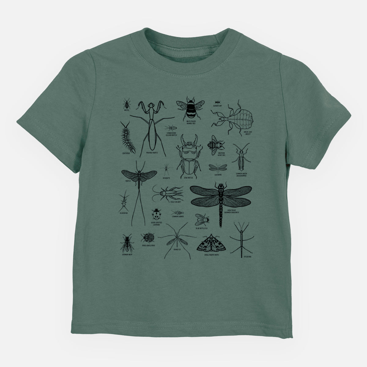 Basil green toddler t-shirt laid flat, printed with a chart of black ink insect and arthropod illustrations, including dragonflies, beetles, spiders and bees.