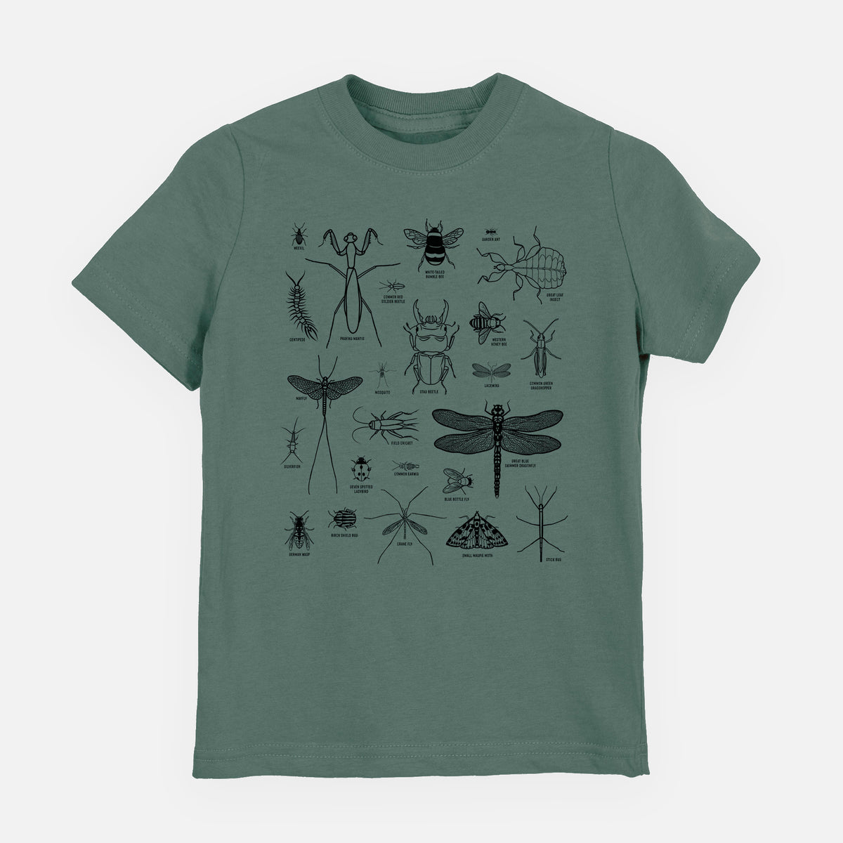 Basil green youth t-shirt laid flat, printed with a chart of black ink insect and arthropod illustrations, including dragonflies, beetles, spiders and bees.