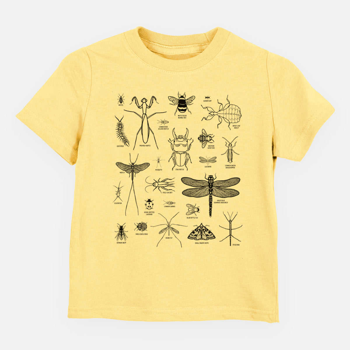 Butter yellow toddler t-shirt laid flat, printed with a chart of black ink insect and arthropod illustrations, including dragonflies, beetles, spiders and bees.