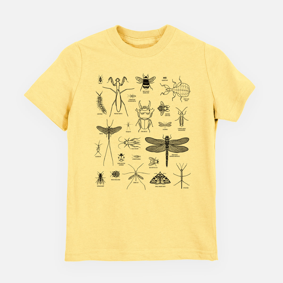 Butter yellow youth t-shirt laid flat, printed with a chart of black ink insect and arthropod illustrations, including dragonflies, beetles, spiders and bees.