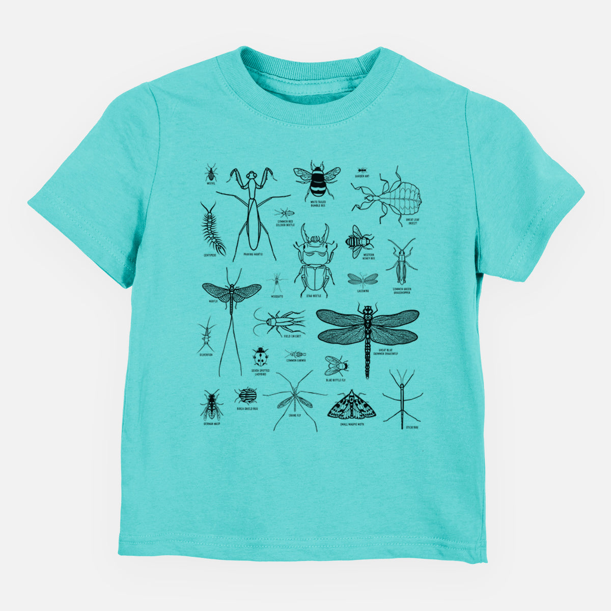 Caribbean blue toddler t-shirt laid flat, printed with a chart of black ink insect and arthropod illustrations, including dragonflies, beetles, spiders and bees.