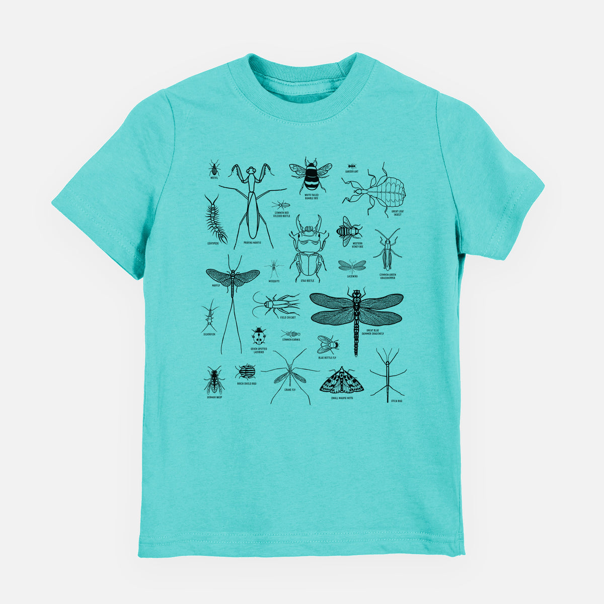 Caribbean blue youth t-shirt laid flat, printed with a chart of black ink insect and arthropod illustrations, including dragonflies, beetles, spiders and bees.