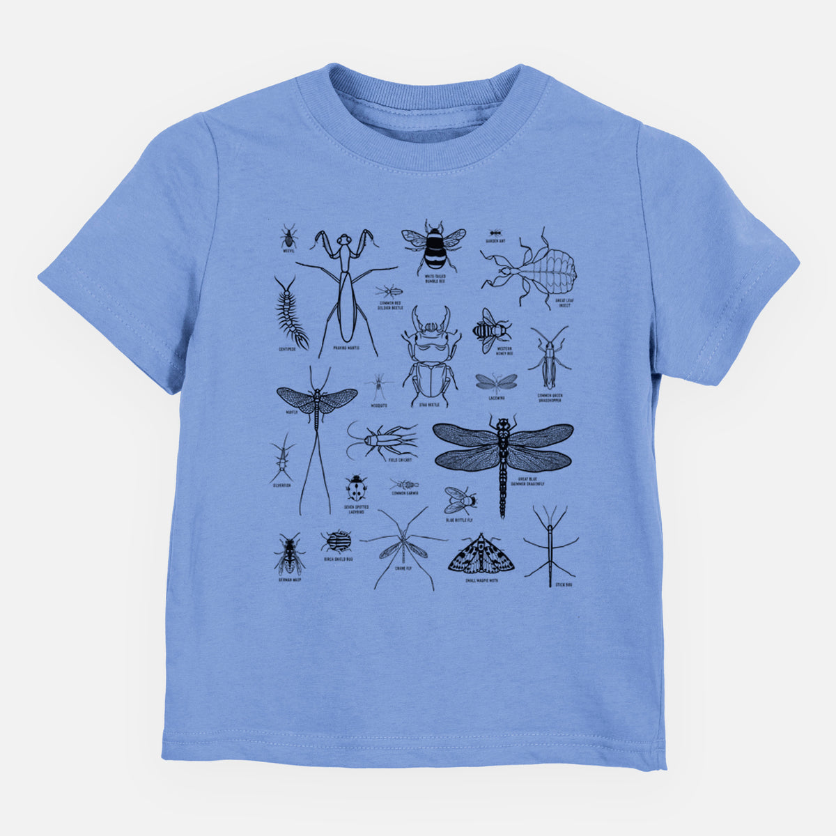 Carolina blue toddler t-shirt laid flat, printed with a chart of black ink insect and arthropod illustrations, including dragonflies, beetles, spiders and bees.