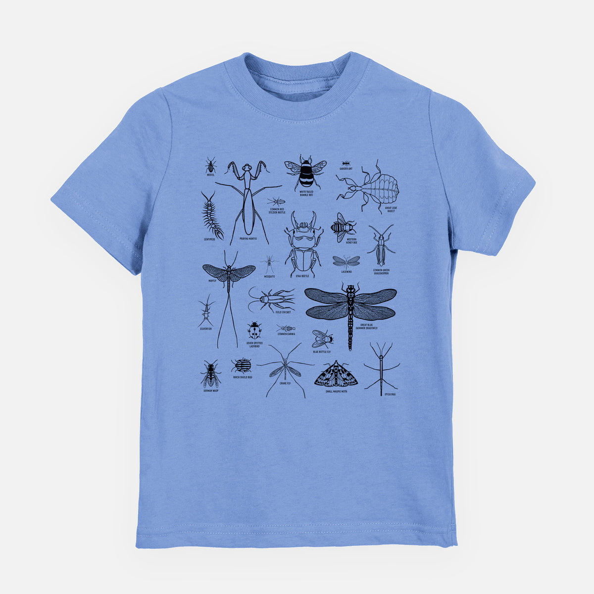 Carolina blue youth t-shirt laid flat, printed with a chart of black ink insect and arthropod illustrations, including dragonflies, beetles, spiders and bees.