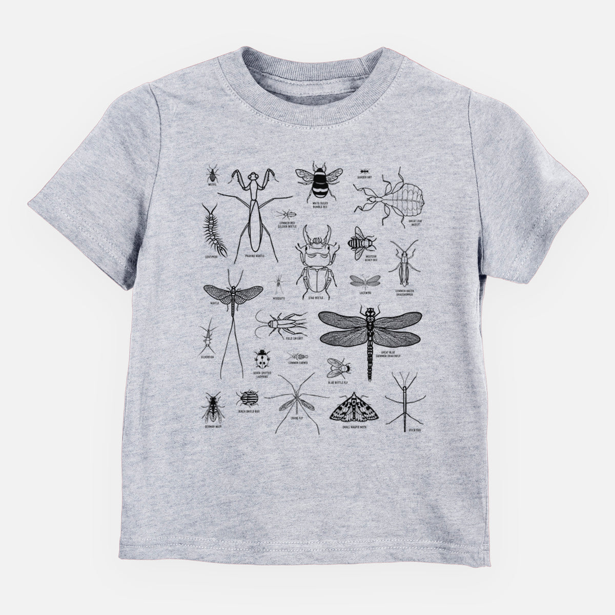 Heather grey toddler t-shirt laid flat, printed with a chart of black ink insect and arthropod illustrations, including dragonflies, beetles, spiders and bees.