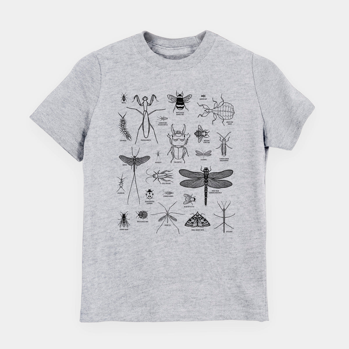 Heather grey youth t-shirt laid flat, printed with a chart of black ink insect and arthropod illustrations, including dragonflies, beetles, spiders and bees.