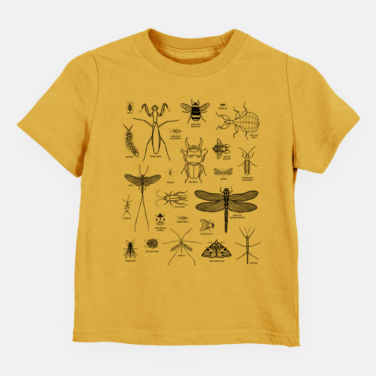 Honeycomb yellow toddler t-shirt laid flat, printed with a chart of black ink insect and arthropod illustrations, including dragonflies, beetles, spiders and bees.