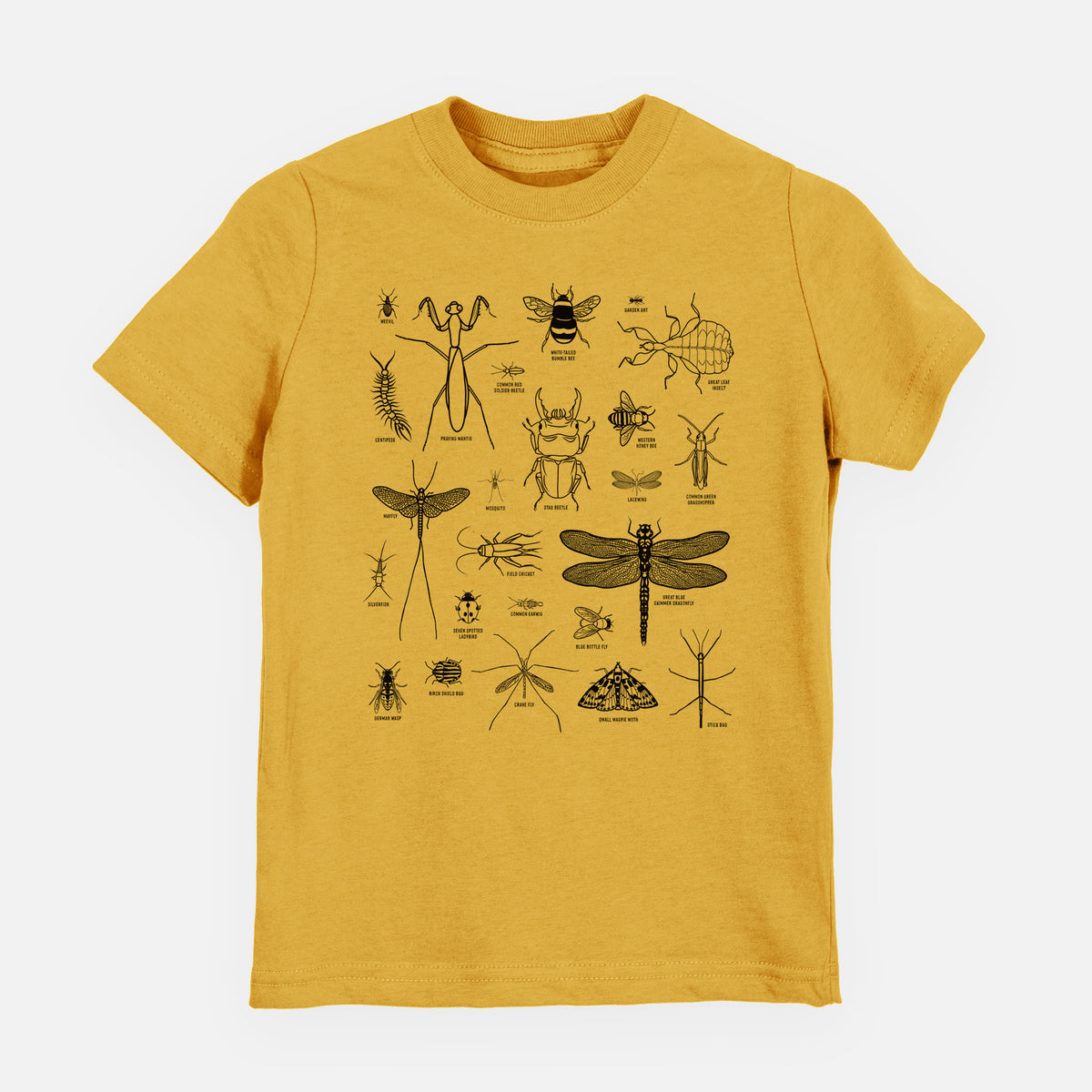 Honeycomb yellow youth t-shirt laid flat, printed with a chart of black ink insect and arthropod illustrations, including dragonflies, beetles, spiders and bees.