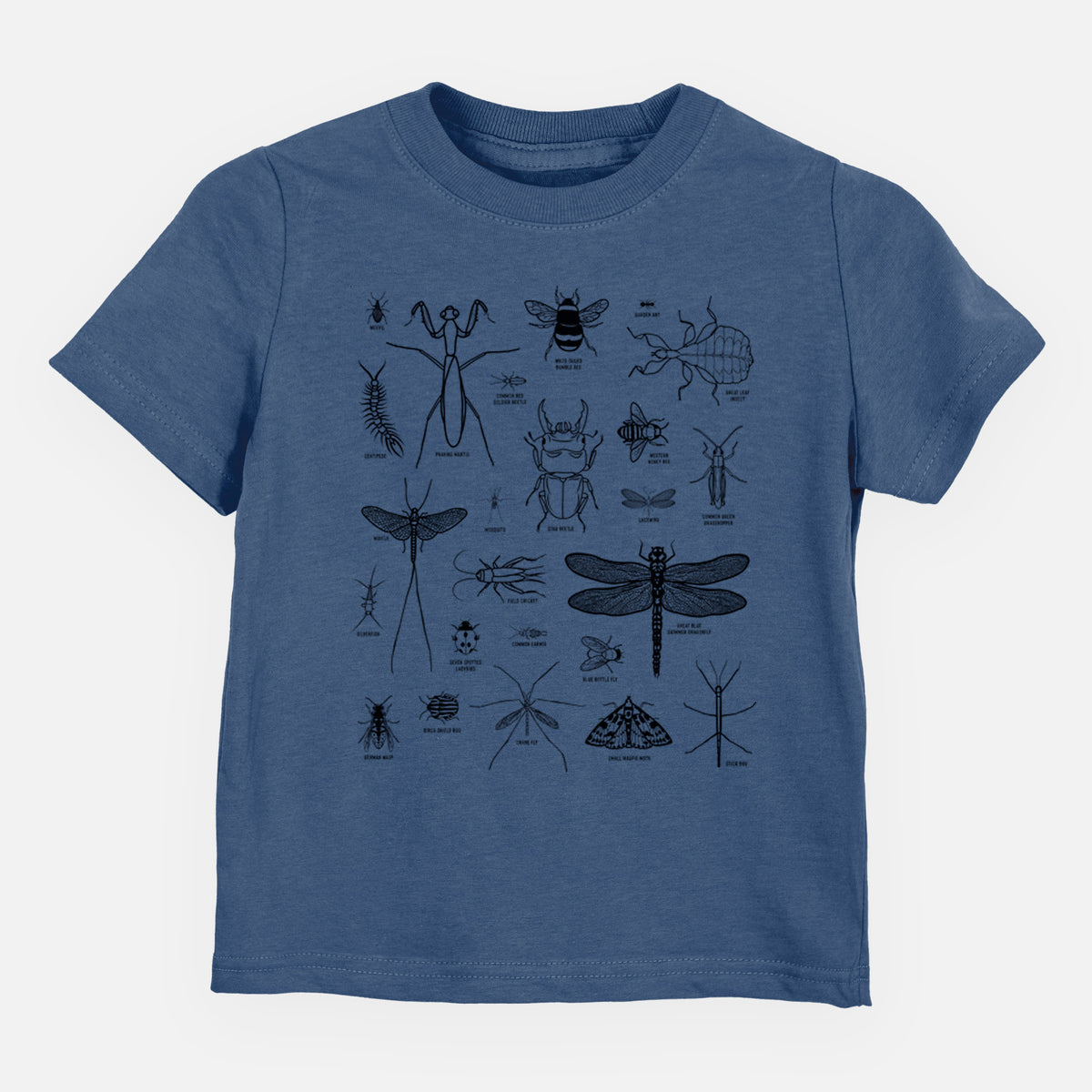 Indigo blue toddler t-shirt laid flat, printed with a chart of black ink insect and arthropod illustrations, including dragonflies, beetles, spiders and bees.