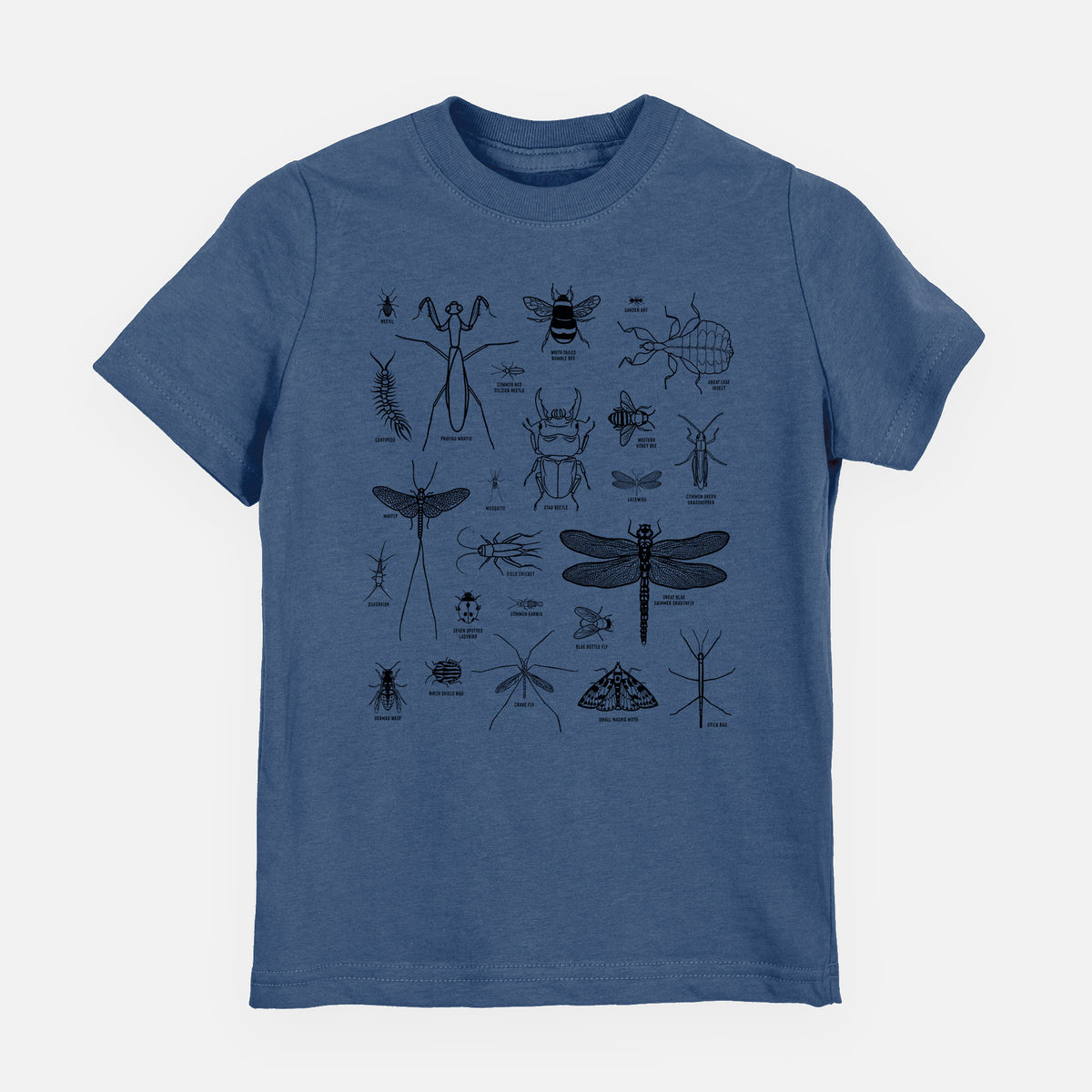 Indigo blue youth t-shirt laid flat, printed with a chart of black ink insect and arthropod illustrations, including dragonflies, beetles, spiders and bees.