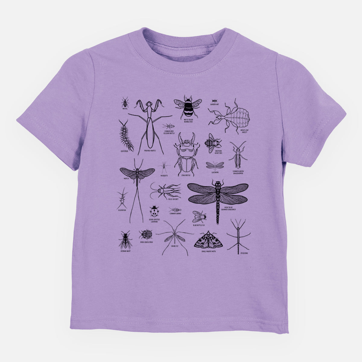 Lavender toddler t-shirt laid flat, printed with a chart of black ink insect and arthropod illustrations, including dragonflies, beetles, spiders and bees.