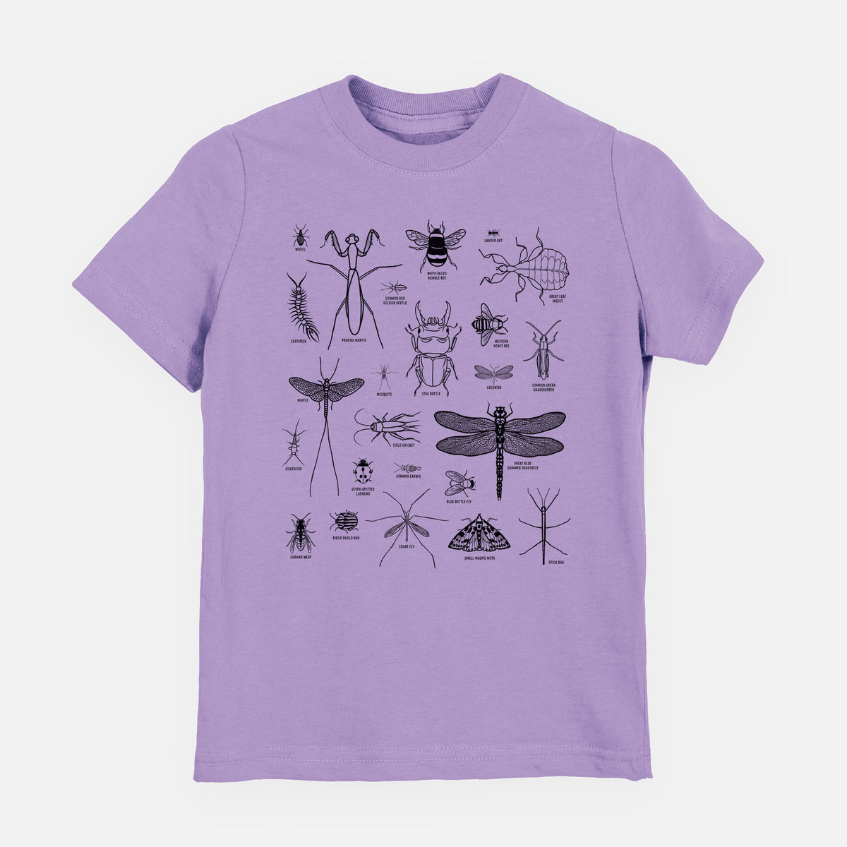 Lavender youth t-shirt laid flat, printed with a chart of black ink insect and arthropod illustrations, including dragonflies, beetles, spiders and bees.