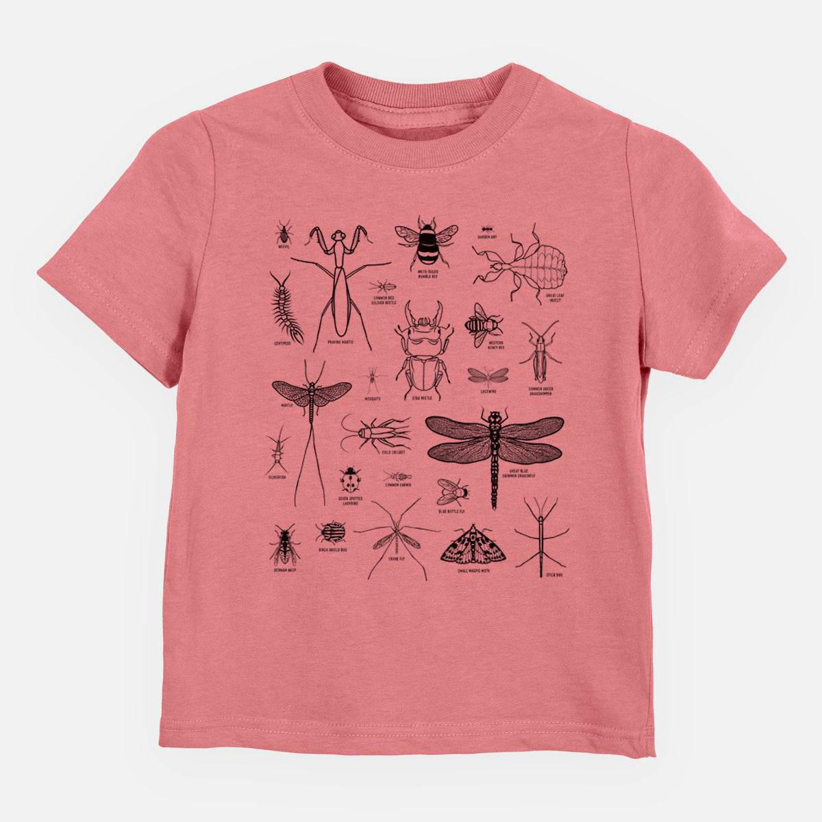 Mauve pink toddler t-shirt laid flat, printed with a chart of black ink insect and arthropod illustrations, including dragonflies, beetles, spiders and bees.