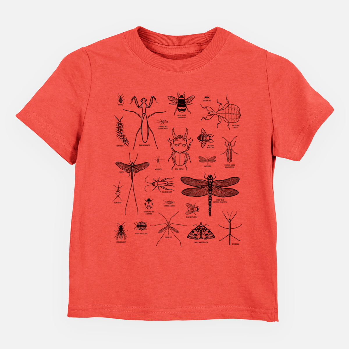 Passionfruit pink toddler t-shirt laid flat, printed with a chart of black ink insect and arthropod illustrations, including dragonflies, beetles, spiders and bees.
