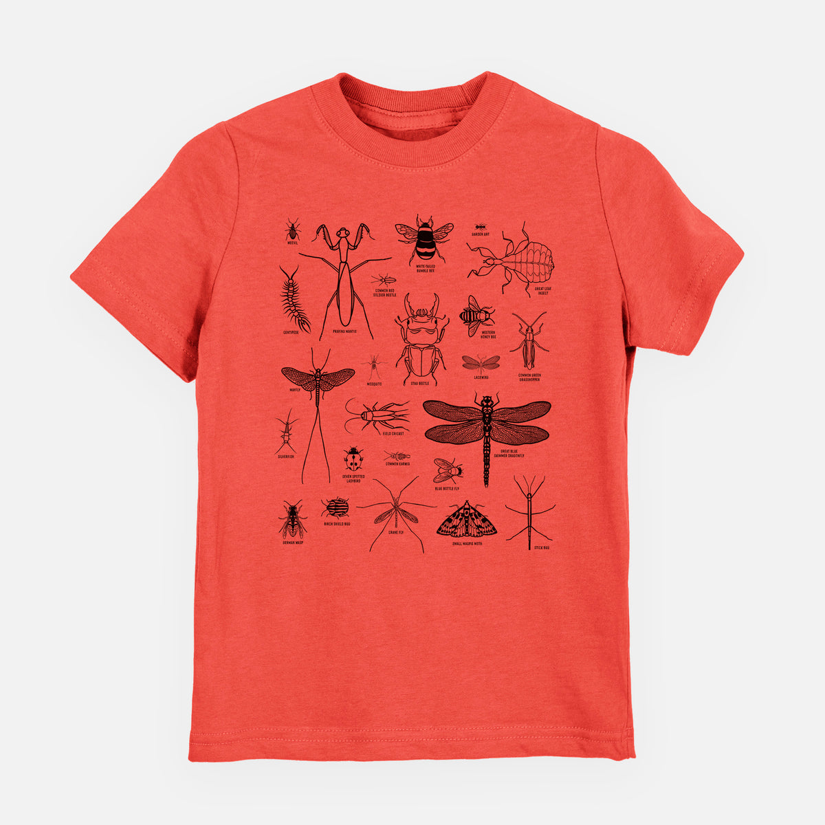 Passionfruit pink youth t-shirt laid flat, printed with a chart of black ink insect and arthropod illustrations, including dragonflies, beetles, spiders and bees.
