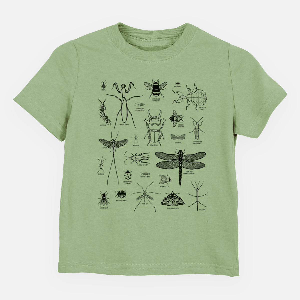 Sage green toddler t-shirt laid flat, printed with a chart of black ink insect and arthropod illustrations, including dragonflies, beetles, spiders and bees.