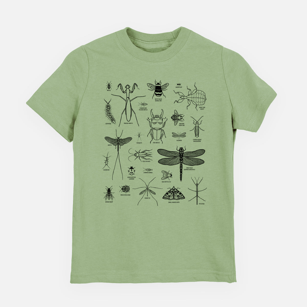 Sage green youth t-shirt laid flat, printed with a chart of black ink insect and arthropod illustrations, including dragonflies, beetles, spiders and bees.