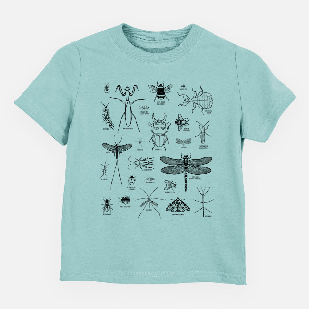 Saltwater toddler t-shirt laid flat, printed with a chart of black ink insect and arthropod illustrations, including dragonflies, beetles, spiders and bees.