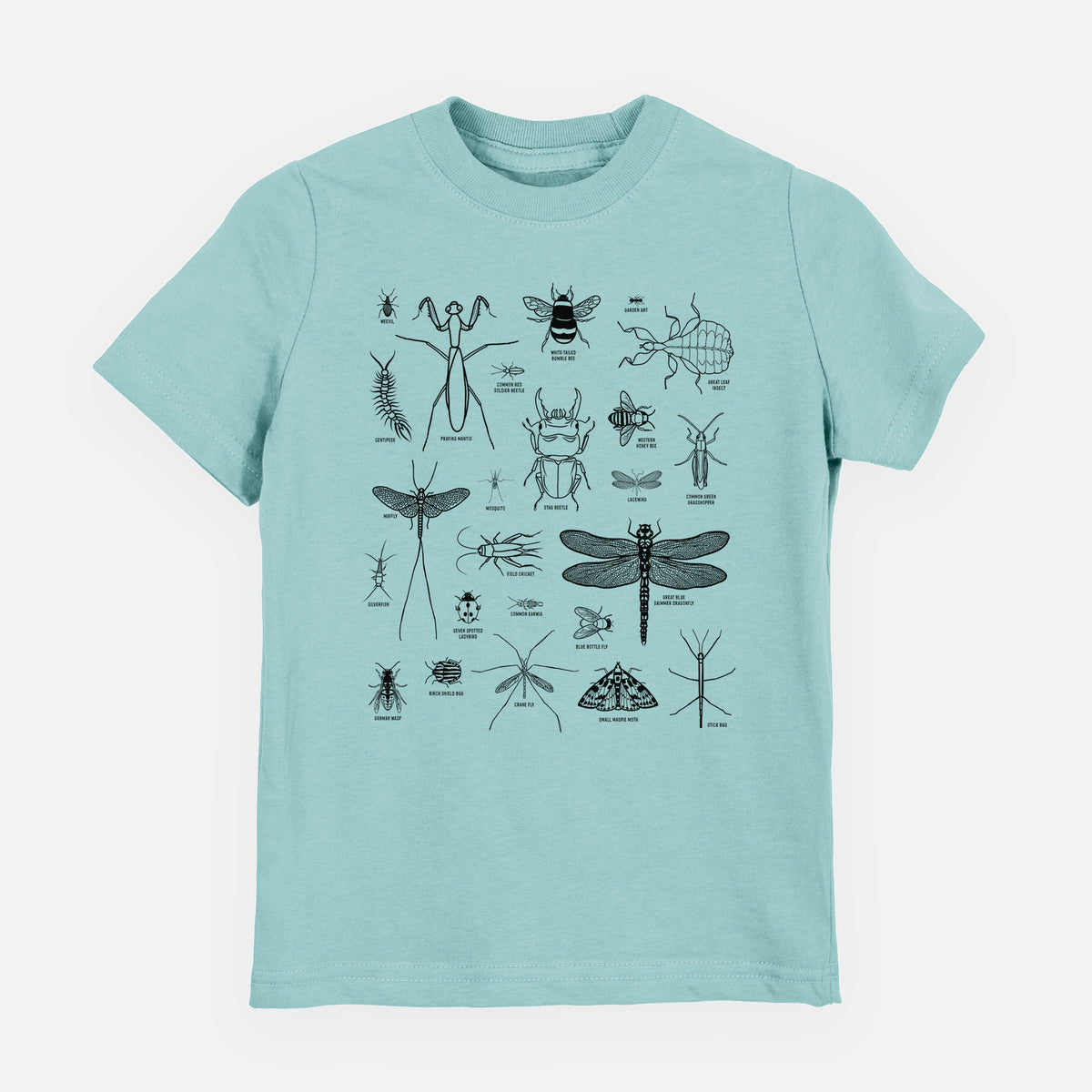 Saltwater youth t-shirt laid flat, printed with a chart of black ink insect and arthropod illustrations, including dragonflies, beetles, spiders and bees.