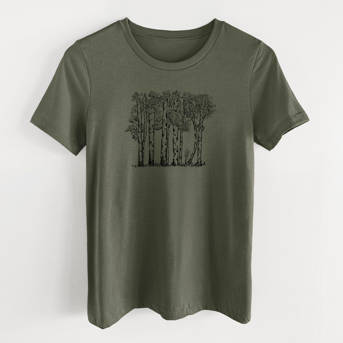 Military green women's relaxed fit cotton t-shirt laid flat, printed with a black ink illustration of a grove of aspen trees.