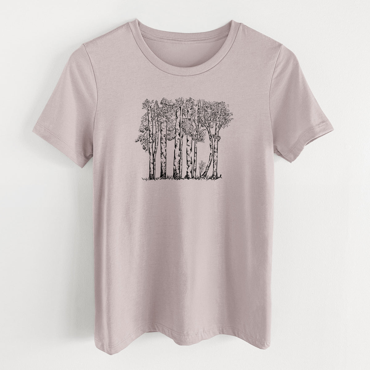 Pink gravel women's relaxed fit cotton t-shirt laid flat, printed with a black ink illustration of a grove of aspen trees.