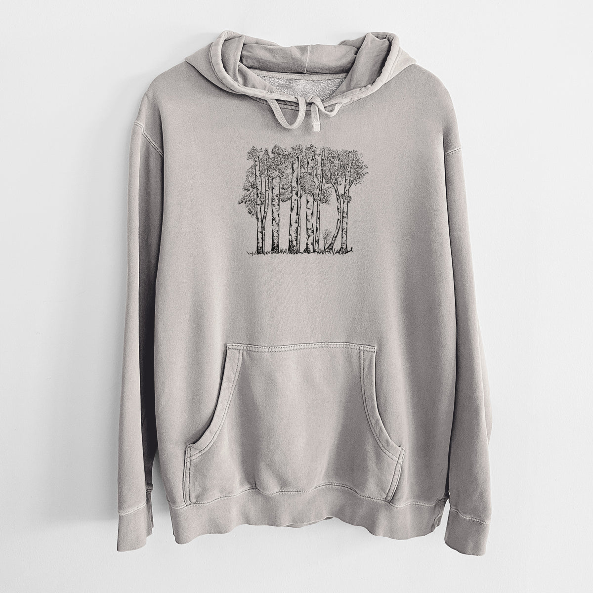 Cement grey pigment dyed hoodie laid flat, printed with a black ink illustration of a grove of aspen trees.